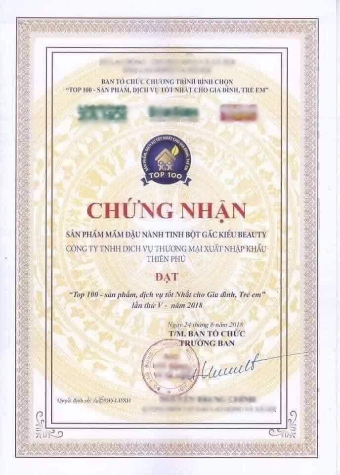 Sản phẩm Mầm đậu nành tinh bột gấc của công ty Thiên Phú đạt “Top 100 – sản phẩm, dịch vụ, tốt Nhất cho Gia đình, Trẻ em” lần thứ V – năm 2018 chỉ sau 2 tháng ra mắt.