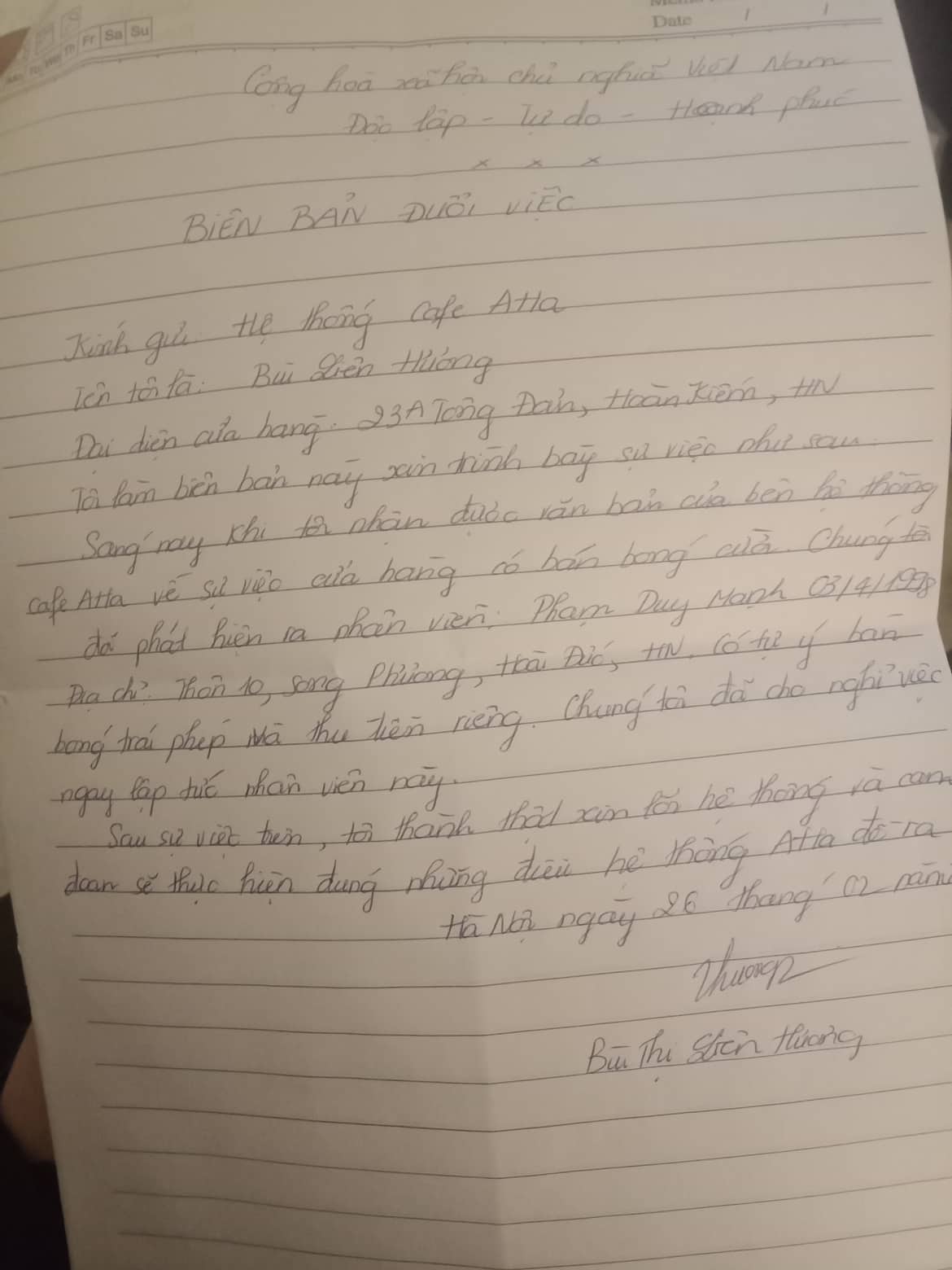 Biên bản cam kết của đại diện quản lý cơ sở Aha cafe đã vi phạm quy định