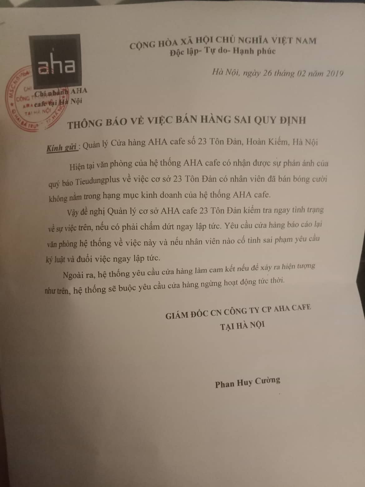 Aha cafe ra công văn kiểm tra và xử lý vụ việc cơ sở tại địa chỉ 23A Tông Đản kinh doanh bóng cười.