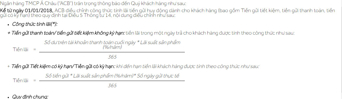 Cách tính lãi suất mới được áp dụng từ ngày 1/1/2018 tại ACB.