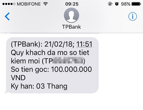 Tin nhắn thông báo số dư STK gửi cho khách hàng tại TPBank.