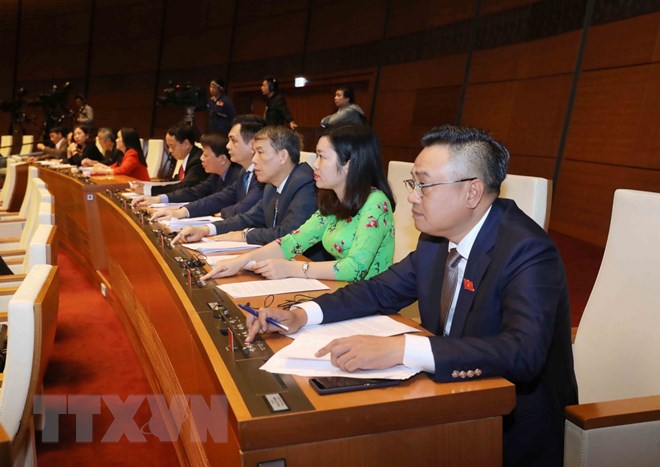 Đoàn đại biểu Quốc hội tỉnh Lạng Sơn biểu quyết thông qua Nghị quyết Kỳ họp thứ sáu, Quốc hội khóa XIV. (Ảnh: Phương Hoa/TTXVN)