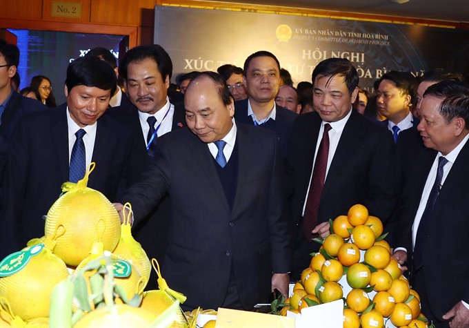 Prime Minister Nguyen Xuan Phuc visits a kiosk displaying speciality fruits of Hoa Binh Province. - VNA/VNS Photo Thong Nhat