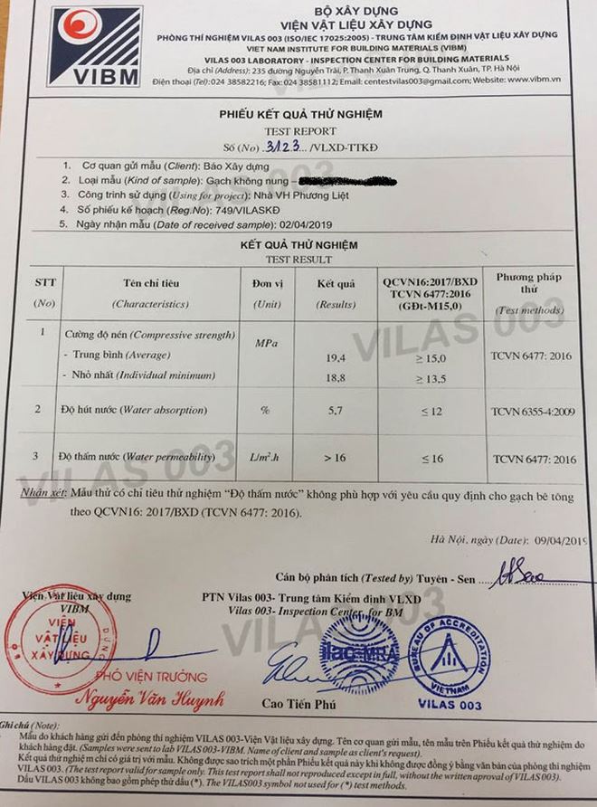 Một văn bản cho thấy gạch không nung sử dụng tại một số công trình đầu tư công ở quận Thanh Xuân, Hà Nội không đạt tiêu chuẩn về “Độ thấm nước”. 