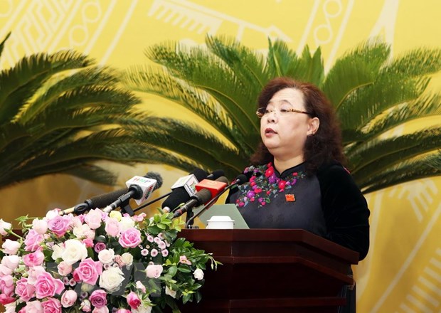 Chủ tịch Hội đồng Nhân dân thành phố Hà Nội Nguyễn Thị Bích Ngọc phát biểu khai mạc kỳ họp. (Ảnh: Lâm Khánh/TTXVN)