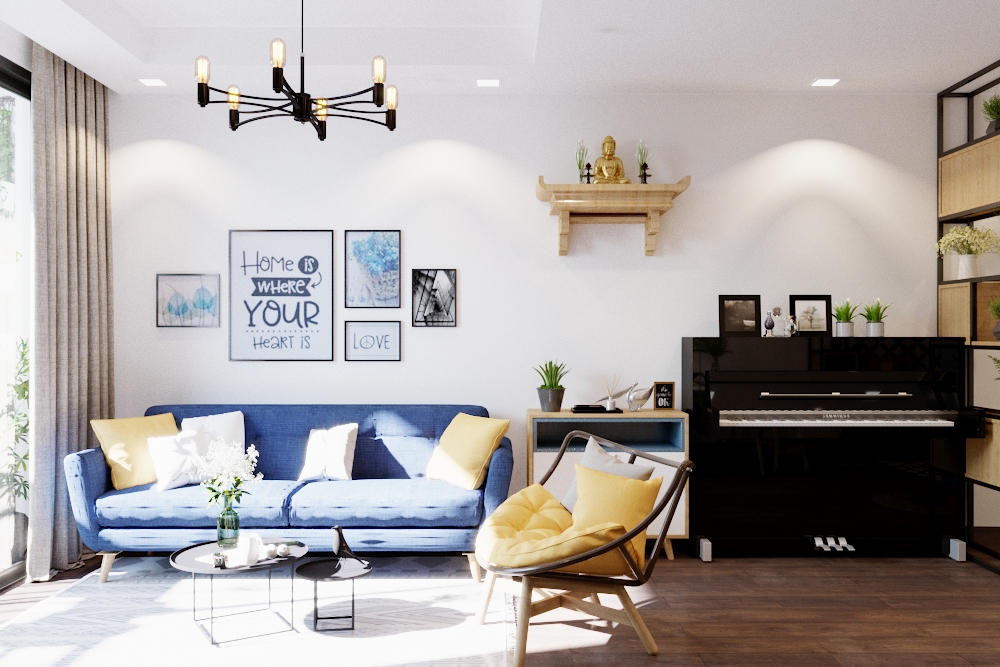 Phòng khách Hiện đại kết hợp Scandinavian, tone màu xanh trắng kết hợp vân gỗ. Đặc điểm của phong cách này là sự thoáng sang, và décor tinh tế.