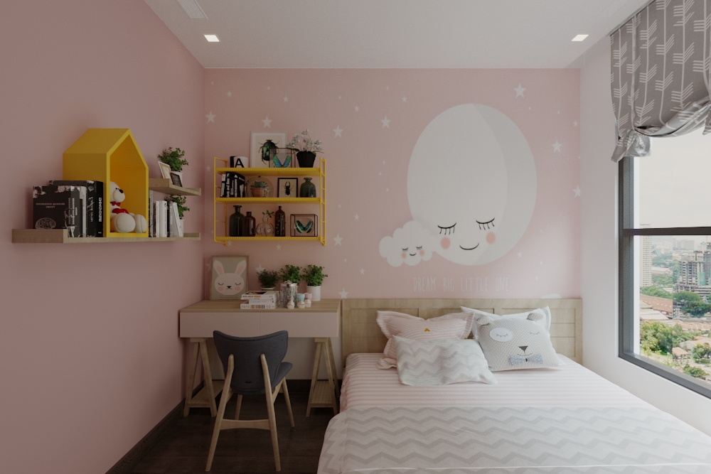 Phòng ngủ con gái dàng hệ bục nâng sàn kết hợp tủ áo, tiết kiệm không gian. Sử dụng màu sắc, kết hợp vẽ tranh tường để tạo không gian mơ mộng cho bé 