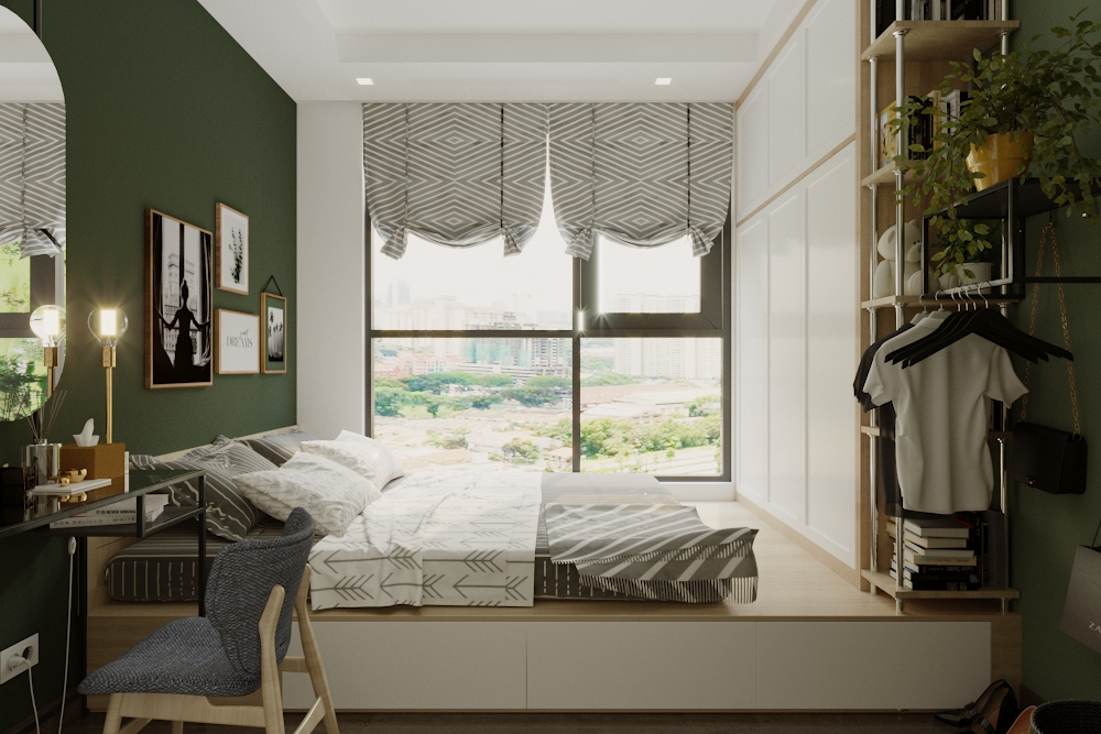 Phòng ngủ master được thiết kế gần giống như phòng ngủ của bé với việc tận dụng không gian, nâng giường ngủ lên kết hợp làm tủ đựng quần áo và vật dụng trang trí