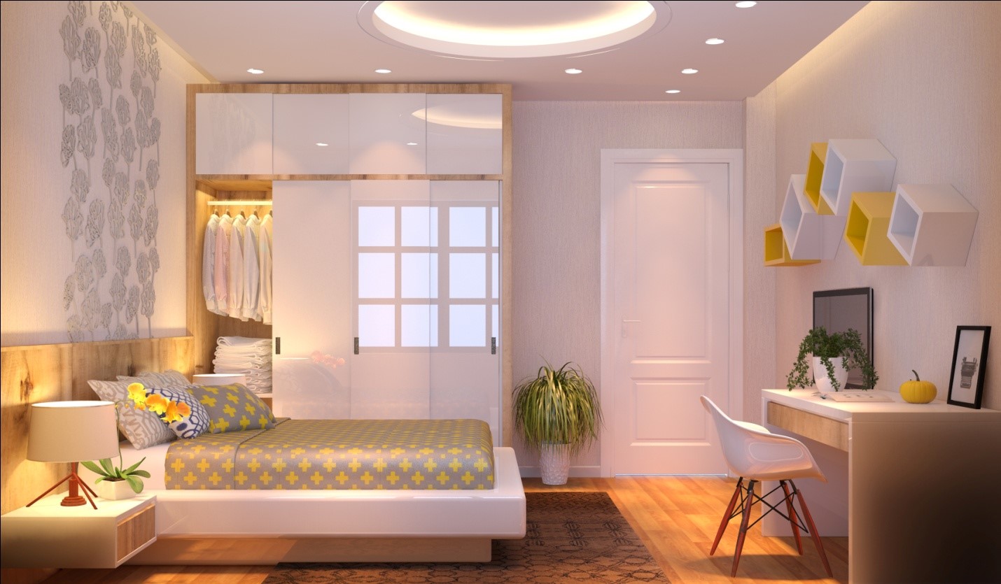 Một phòng ngủ khác dành cho trẻ nhỏ được thiết kế đơn giản với gam màu vàng - trắng mang tới sự khỏe khoắn