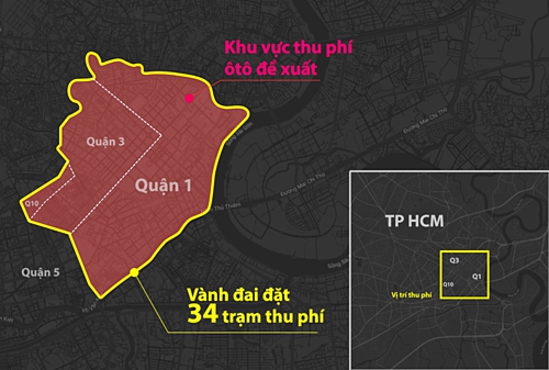 Khu vực thu phí được ITD đề xuất (bên trong đường màu đỏ). Đồ họa: Hoàng Khánh