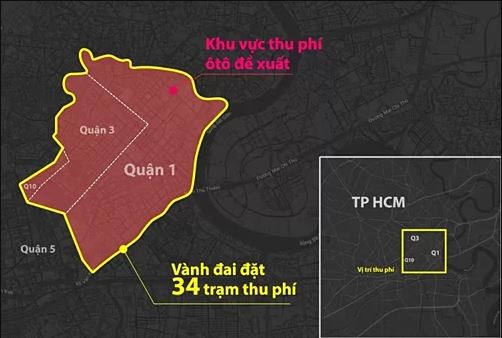 Khu vực thu phí được ITD đề xuất (bên trong đường màu đỏ). Đồ họa: Hoàng Khánh.