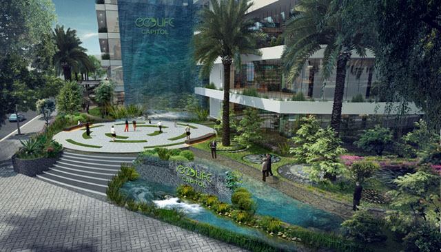 Dự án EcoLife Capitol được thiết kế hệ thống cây xanh 3 lớn và thác nước thẳng đứng từ tầng 5 xuống sảnh của dự án.