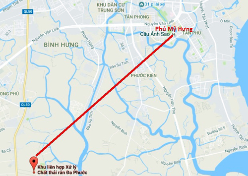 Khoảng cách từ bãi rác Đa Phước (huyện Bình Chánh) đến Khu đô thị Phú Mỹ Hưng (quận 7) khoảng 20 km. Ảnh: Google maps.