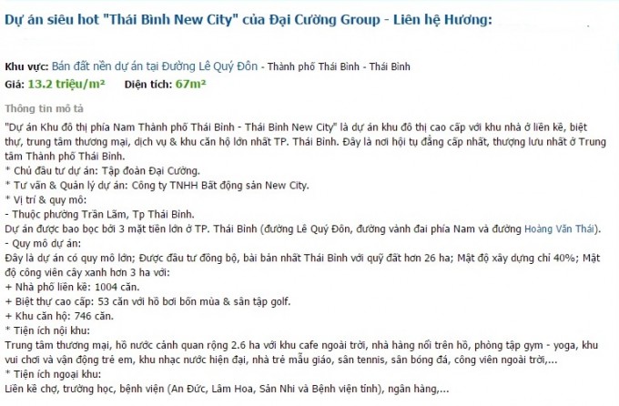 Dự án New City Thái Bình đang được rao bán tràn lan trên mạng.