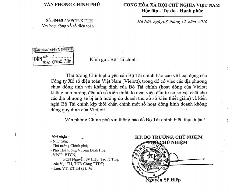 Văn bản truyền đạt ý kiến chỉ đạo của Thủ tướng Chính phủ về hoạt động của Công ty Xổ số điện toán Việt Nam.