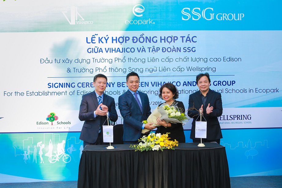Ông Nguyễn Dũng Minh – Phó tổng giám đốc công ty Vihajico cùng bà Lê Tuệ Minh - Tổng Giám đốc SSGI - Phát triển trường Wellspring.