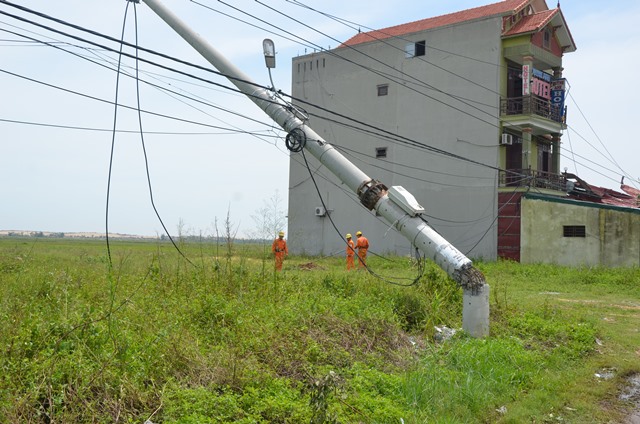 Hàng loạt trụ điện bị gãy, đổ nằm la liệt dọc Quốc lộ 1A đoạn qua thị trấn Hoàn Lão (huyện Bố Trạch) sau bão số 10