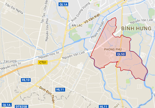 Bản đồ định vị xã Phong Phú, huyện Bình Chánh nằm chếch về phía Nam TP HCM với trục đường Nguyễn Văn Linh và Quốc lộ 50 đi ngang qua. Ảnh chụp màn hình.