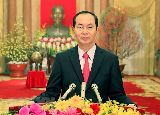 Chủ tịch nước Trần Đại Quang chúc Tết đồng bào, chiến sĩ cả nước và kiều bào Việt Nam ở nước ngoài. (Ảnh: Nhan Sáng/TTXVN).