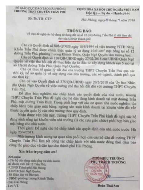  Công văn của Trường Trần Phú gửi các hộ dân