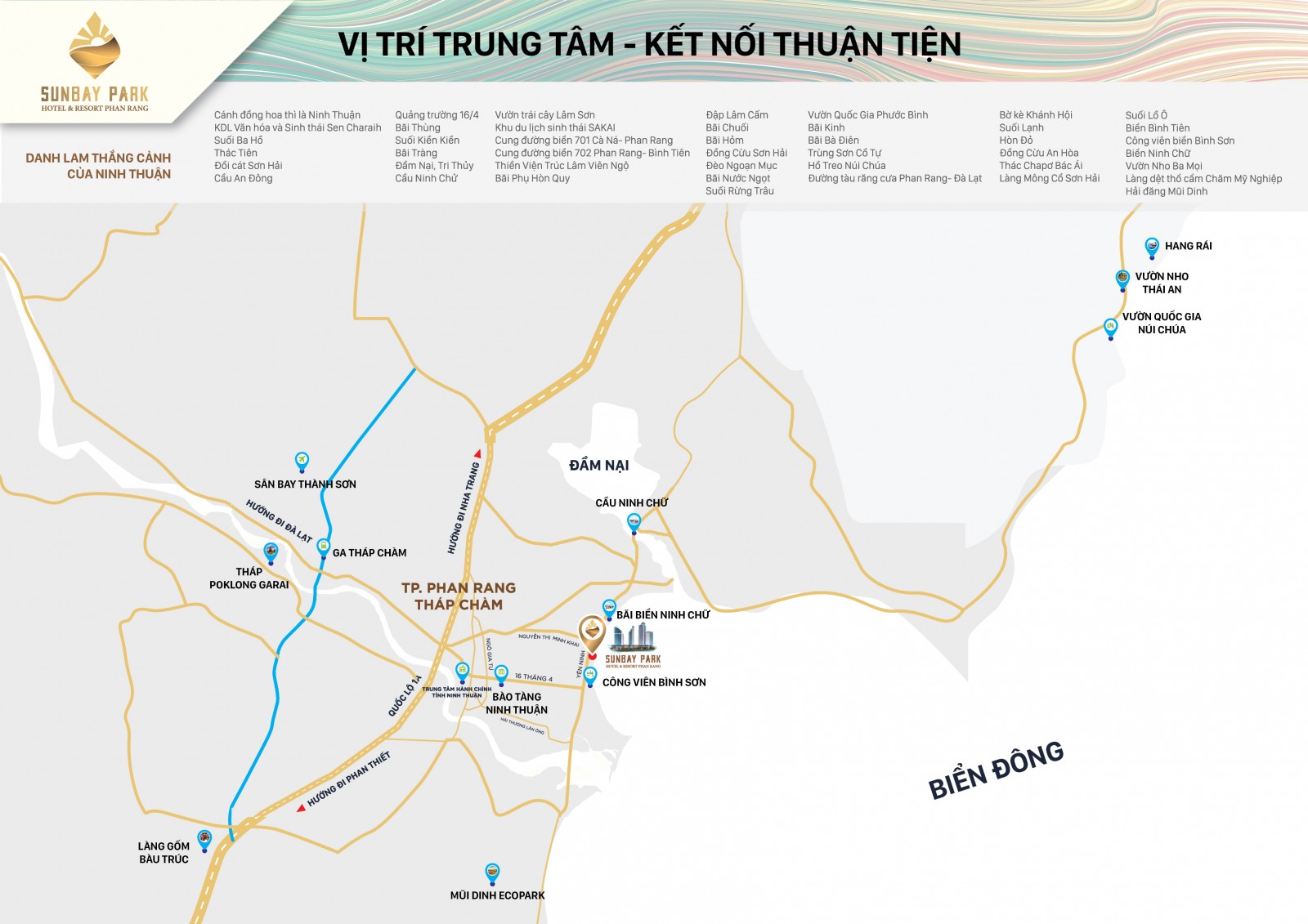 Từ tâm điểm Phan Rang - Tháp Chàm, du khách dễ dàng đến với các điểm du lịch nổi tiếng của 
Ninh Thuận như Vườn quốc gia Núi Chúa.