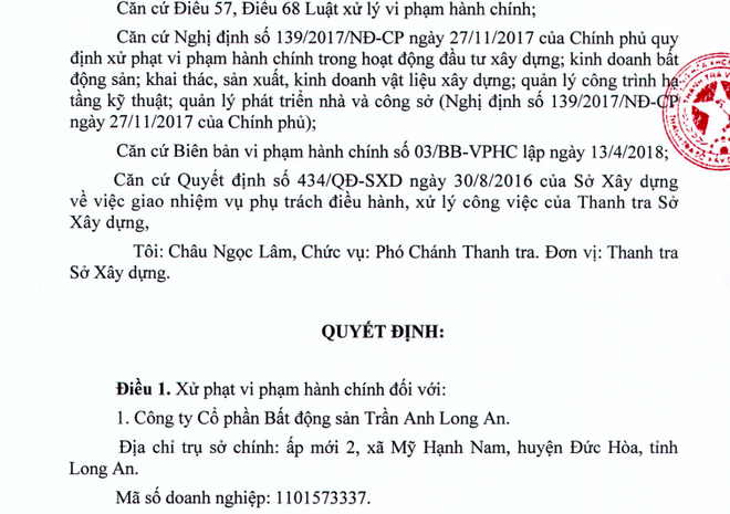 Quyết định xử phạt công ty Trần Anh Long An.