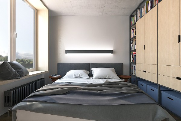 Phòng ngủ của căn hộ này thực sự nhỏ và toàn bộ diện tích được sử dụng vừa đủ đặt một chiếc giường