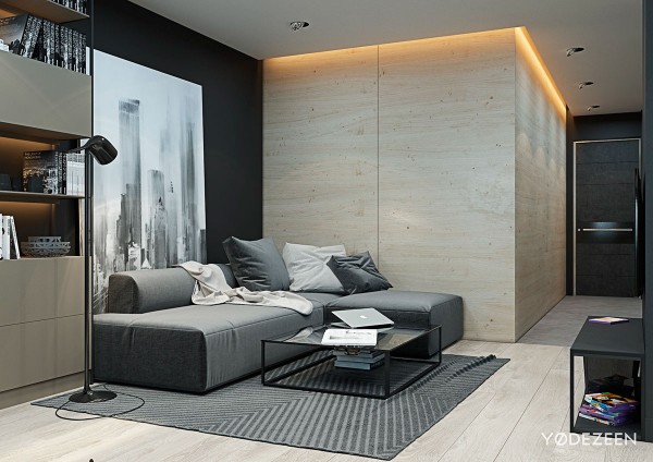 Căn hộ đầu tiên là một thiết kế của YØ DEZEEN, sử dụng tông màu đơn sắc làm chủ đạo, kết hợp với các tấm tường gỗ dán mịn. Bố trí phòng khách nhỏ gọn, chứng minh cho nguyên tắc tiết kiệm không gian một cách thông minh trong căn hộ này.