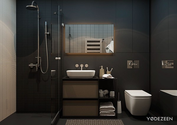 Màu đen lì lại được sử dụng trong nhà vệ sinh và tạo được cảm giác ngăn nắp, gọn gàng.