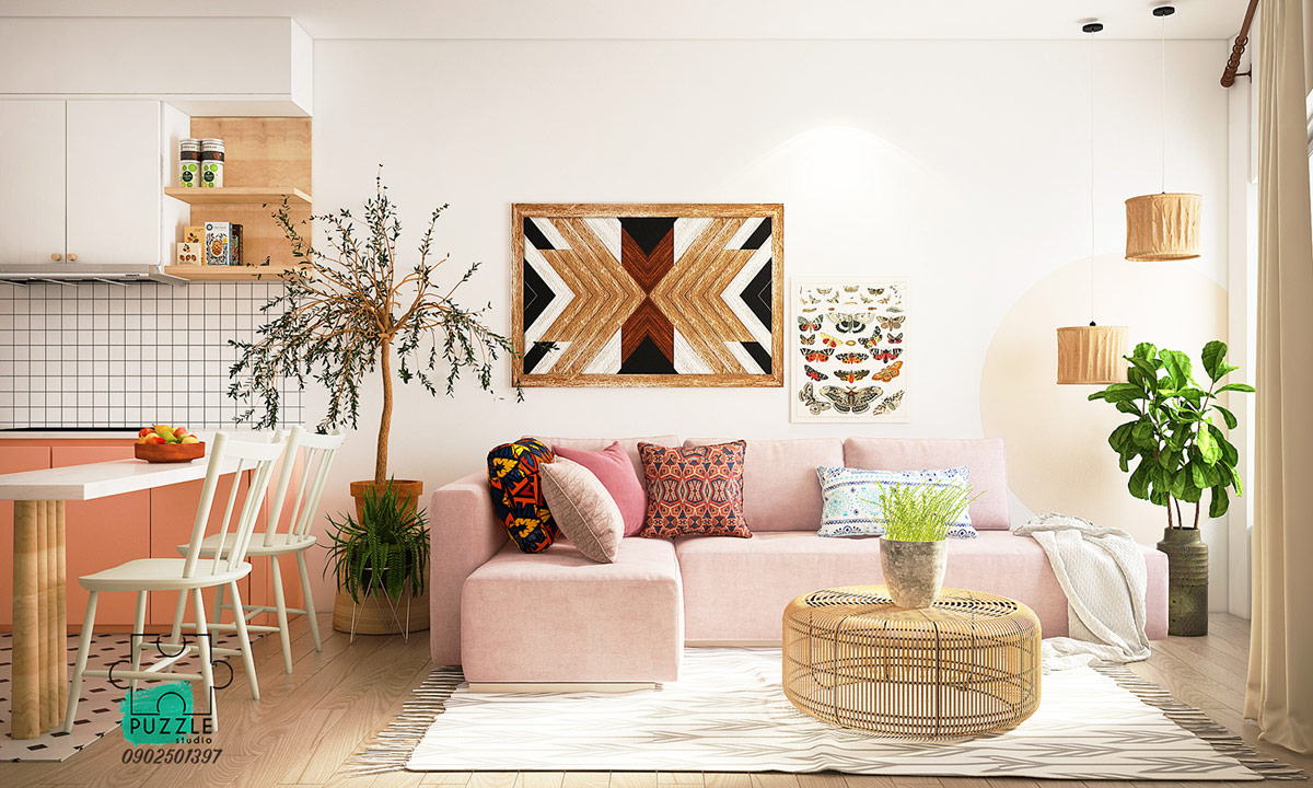 Dựa trên nền tảng màu hồng và san hô, nội thất căn hộ này được sắp đặt xen kẽ các chi tiết gỗ rất tự nhiên. Một bức tranh tường bằng gỗ với họa tiết đặc trưng của phong cách bohemian đã tạo điểm nhấn cho phòng khách.