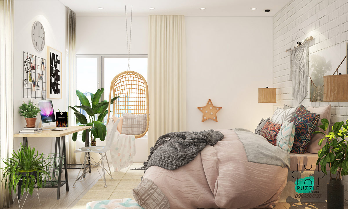 Trong phòng ngủ, một chiếc ghế treo ngay bên cạnh cửa sổ hòa quyện với chiếc giường ấm áp và những lớp chăn mềm mại.