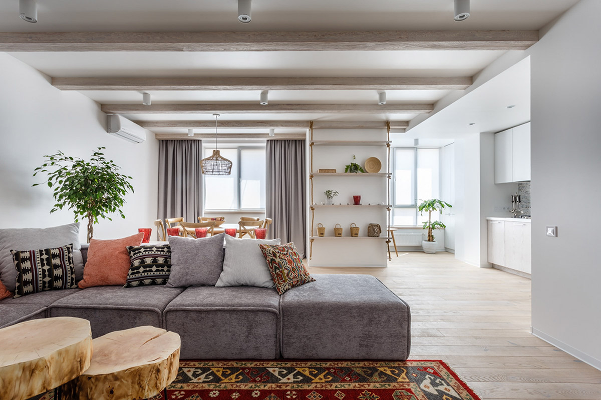 Một mẫu thiết kế căn hộ theo phong cách bohemian khác lại được lấy cảm hứng từ tông màu xám và trắng.