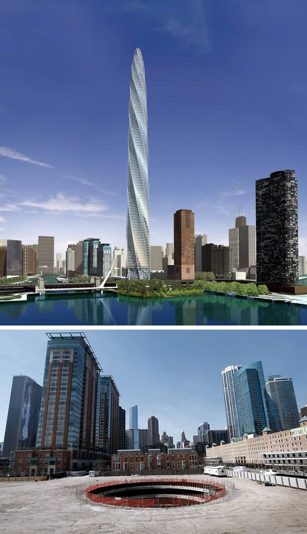 Hơn 10 năm trước, một dự án đầy tham vọng đã được đề xuất bởi công ty Garrett Kelleher. Trong dự án đó sẽ xây dựng một tháp xoắn cao 610 mét, gồm 116 tầng, thiết kế bởi Calatrava và đặt gần bờ nam sông Chicago. Tuy nhiên, do rắc rối về tài chính cũng như các vụ kiện tụng, cuối cùng dự án không thể thực hiện. (Ảnh: Oddee)
