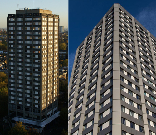 Tháp chung cư Grenfell trước (trái) và sau khi cải tạo. Ảnh: Guardian.