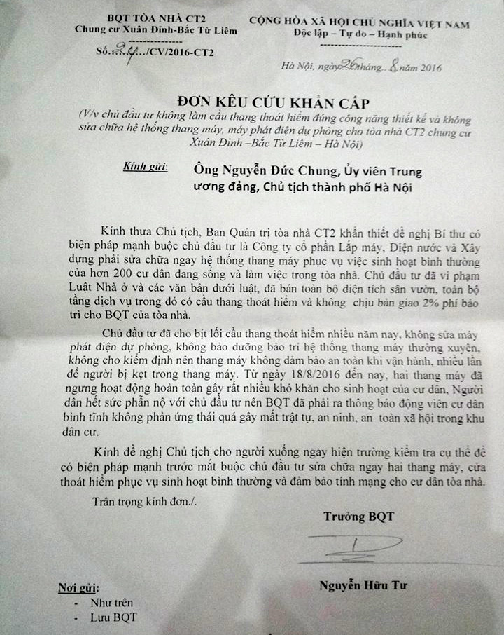 Đơn kêu cứu khẩn cấp của cư dân chung cư CT2 Xuân Đỉnh gửi tới Chủ tịch UBND TP. Hà Nội.