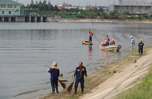 Đơn vị chức năng tổ chức kiểm tra nước và dọn vệ sinh quanh hồ Linh Đàm (Ảnh Ngọc Thành)