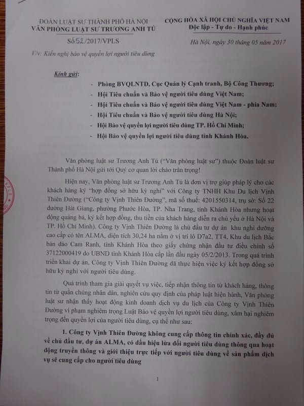 Văn bản Văn phòng Luật sư Trương Anh Tú gửi đến các đơn vị bảo vệ quyền lợi người tiêu dùng 
