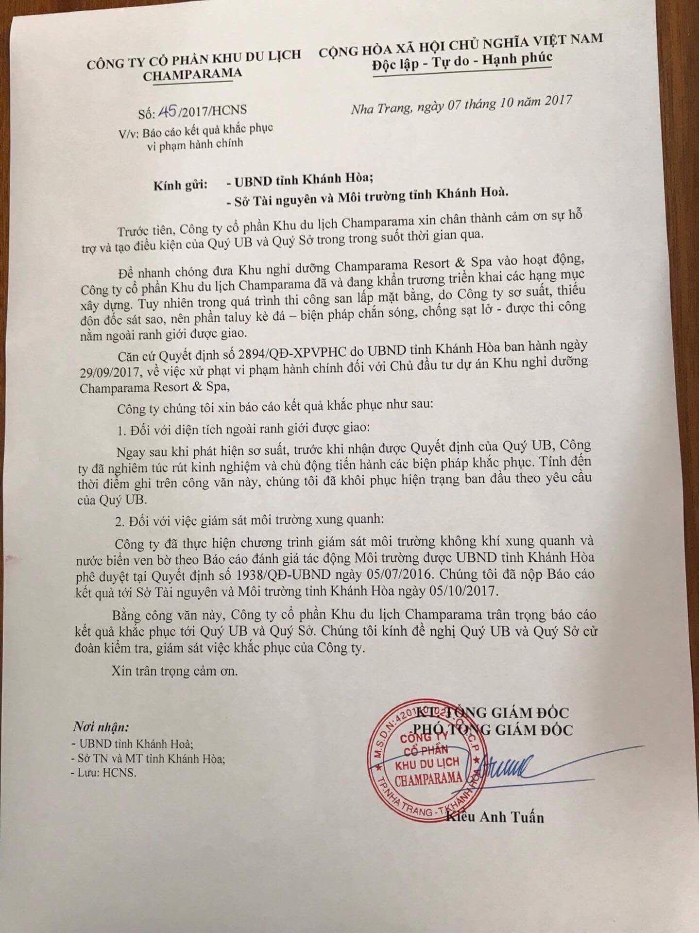Công văn của công ty Champarama gửi UBND tỉnh Khánh Hòa và Sở TNMT.