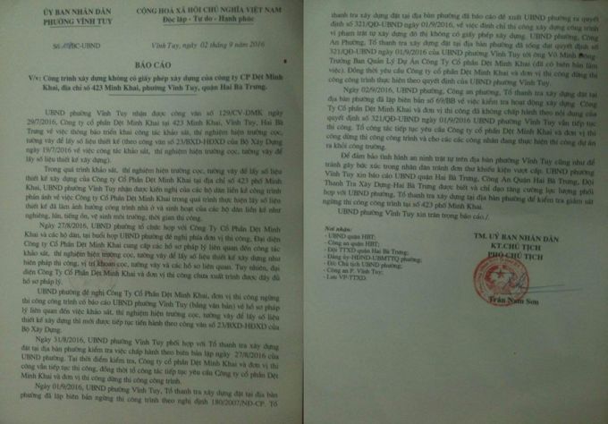Báo cáo sai phạm của dự án ở 423 Minh Khai