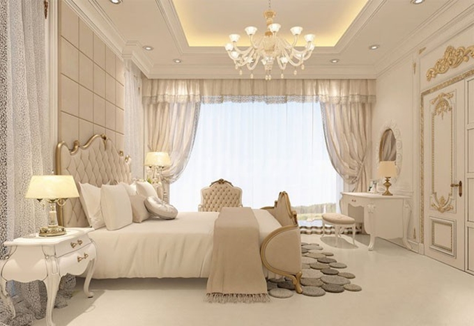 Phòng ngủ mang phong cách hoàng gia thường có không gian rổng, cửa sổ lớn 