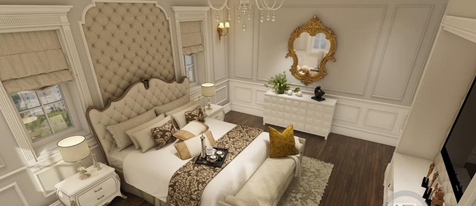 Điểm nhấn trong phòng ngủ mang phong cách nội thất hoàng gia là chiếc giường màu kem được thiết kế cầu kỳ ở phía đầu giường. Bàn phấn với viền gương mạ vàng đên đến cho phòng ngủ sự sang trọng và đẳng cấp