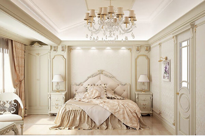 Giường, tủ quần áo, bàn phấn, rèm, giấy dán tường trong căn phòng này được kết hợp hoàn hảo