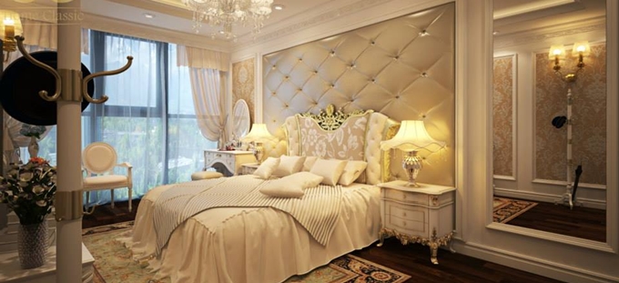 Mẫu nội thất phòng ngủ mang phong cách hoàng gia nhưng được pha trộn với thiết kế hiện đại