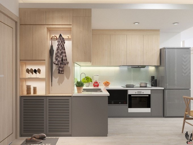 Bếp của các căn hộ chung cư thường ở ngay cạnh cửa ra vào, vì vậy việc thiết kế nội thất cấn sự tổng thể