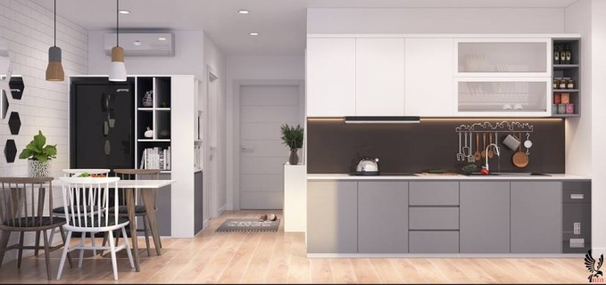 Phòng bếp sử dụng tông màu trắng - ghi tạo ra không gian sang trọng