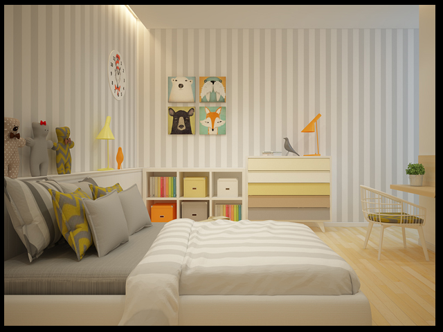 Phòng ngủ cho bé sử dụng giấy dán tường và phụ kiện trang trí ngộ nghĩnh