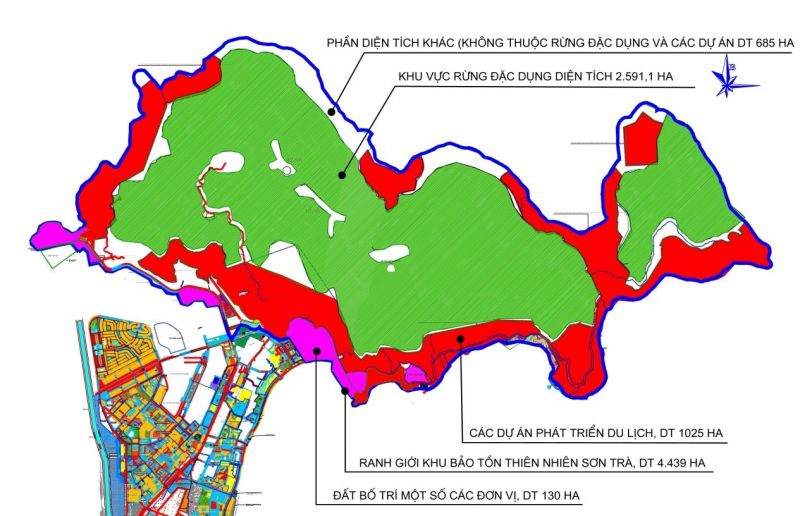 Bản đồ tổng thể bán đảo Sơn Trà thể hiện rõ những số liệu liên quan đến việc quy hoạch phát triển Sơn Trà hiện nay.