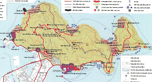 Bản đồ quy hoạch tổng thể khu du lịch quốc gia Sơn Trà. Phần màu tím là trung tâm tiếp đón và lưu trú.