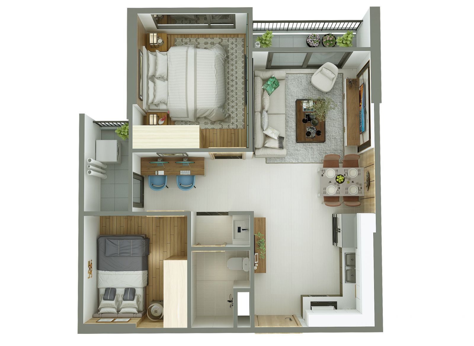 Thiết kế nội thất tham khảo của căn hộ 2 Phòng ngủ + 1 tại VinCity Ocean Park