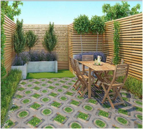 Bạn có thể sử dụng các loại gạch ốp lát có họa tiết đơn giản với những sân vườn có diện tích nhỏ để tạo cảm giác diện tích rộng hơn.